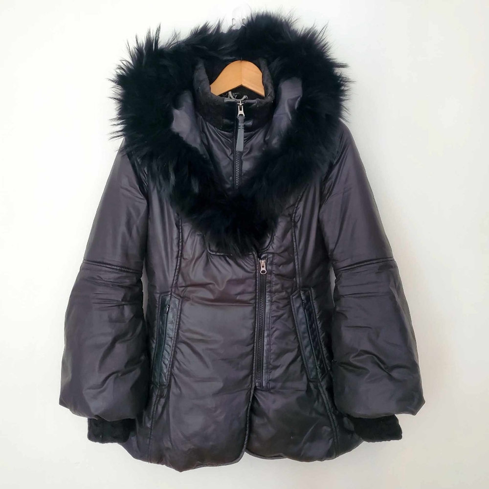 Mackage Black Nylon Double Zip Hood Lined Parka With Black Fur Collar S